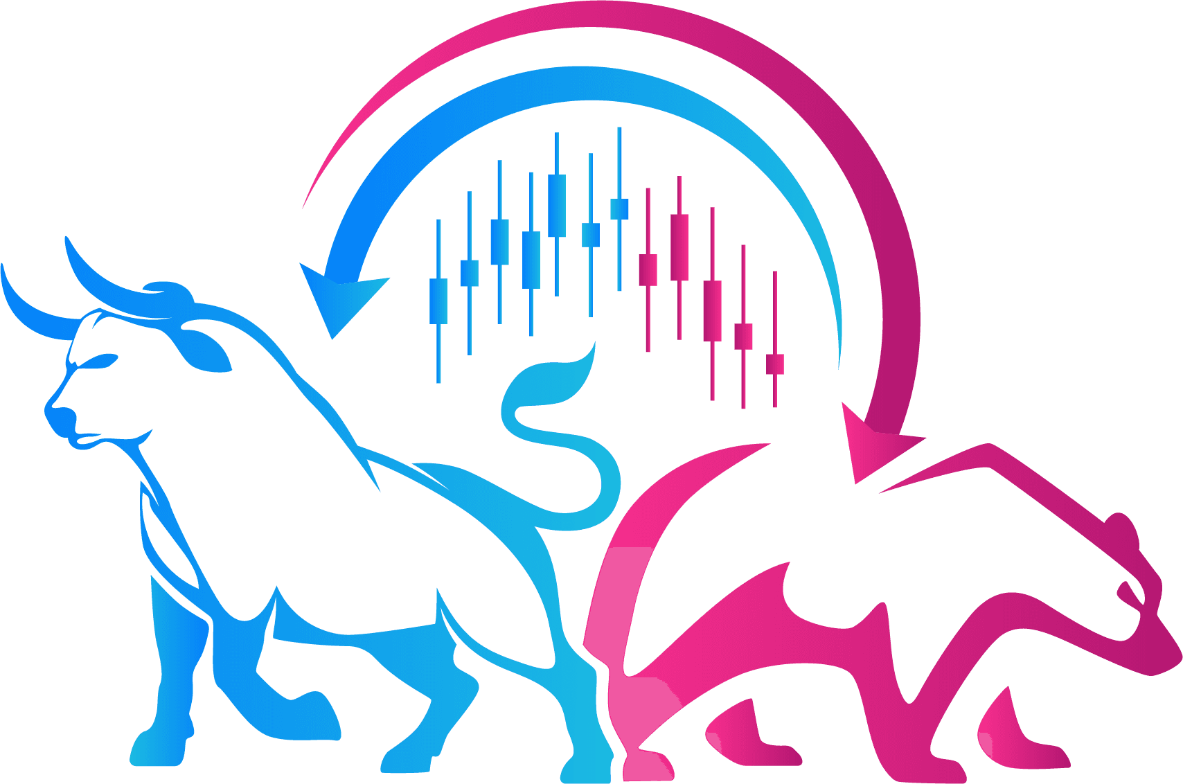 Day & Trading Community (DTC) logo: blauwe stier en roze beer